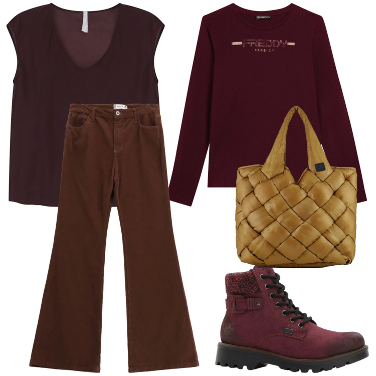 Outfit donna - A touch of Brown. Stile Casual per Tutti i giorni. Abbinamento con stivaletti, pantaloni, top, t-shirt, borse tote.