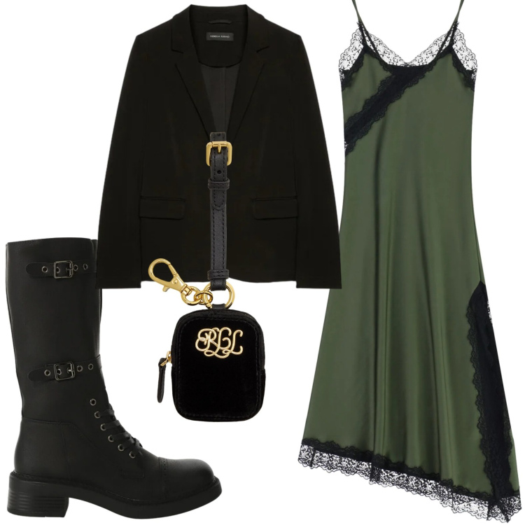 Outfit donna - Il verde incanta. Stile Glamour per Serata fuori. Abbinamento con vestiti asimmetrici, stivali, pochette, blazer.