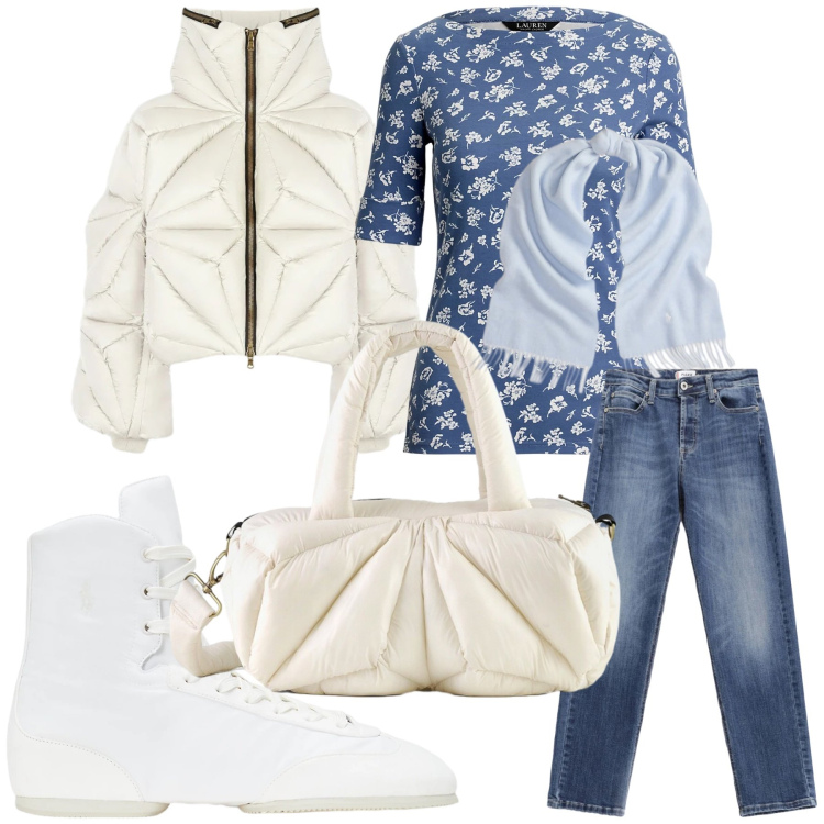 Outfit donna - Total look. Stile Trendy per Tutti i giorni. Abbinamento con jeans, sciarpe, ballerine, t-shirt, borse a mano, piumini.