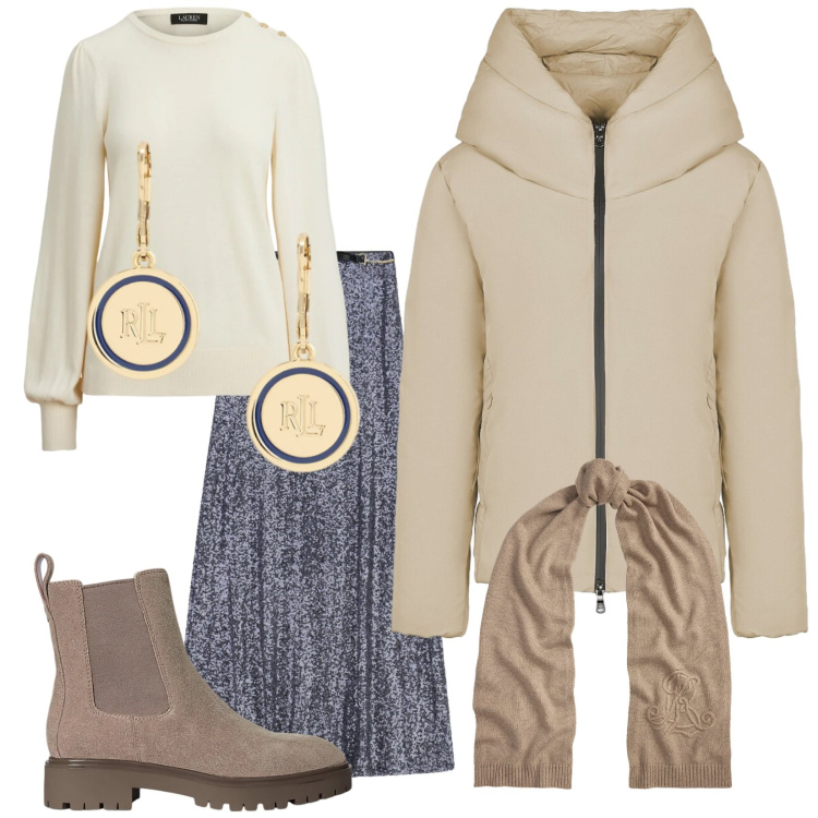 Outfit donna - Il freddo con stile. Stile Trendy per Tutti i giorni. Abbinamento con gonne lunghe, stivaletti chelsea, sciarpe, maglieria, orecchini, blazer.