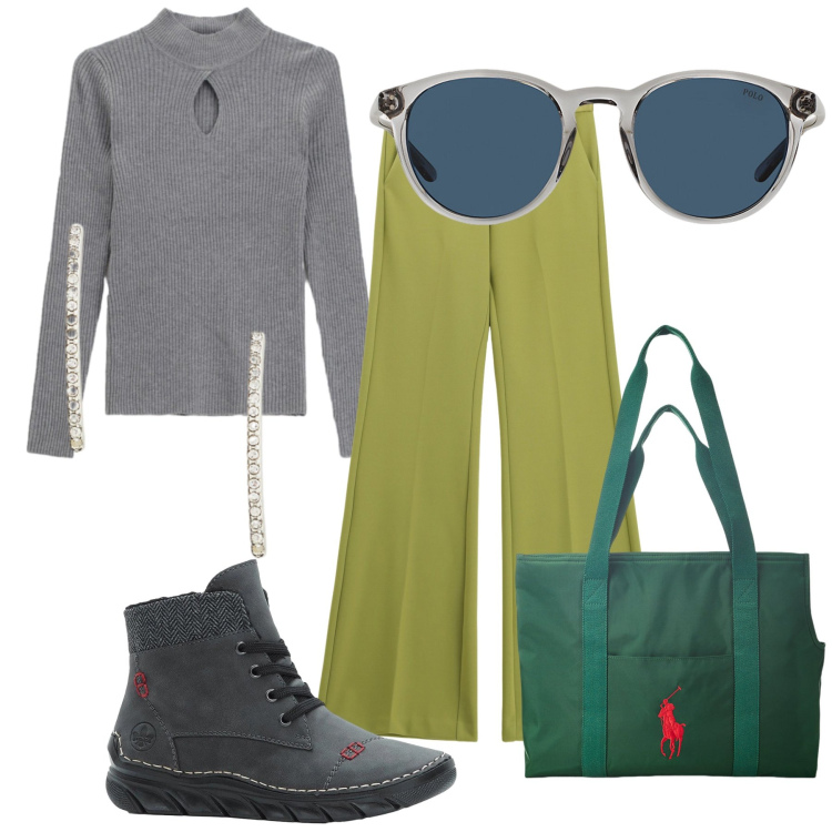 Outfit donna - Gli orecchini inaspettati. Stile Casual chic per Tutti i giorni. Abbinamento con stivaletti, pantaloni, maglieria, occhiali da sole, borse tote, orecchini.