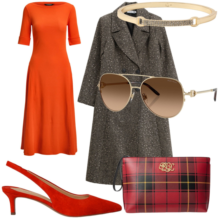 Outfit donna - Cin cin. Stile Glamour per Serata fuori. Abbinamento con cappotti, occhiali da sole, décolleté, braccialetti, pochette, vestiti.