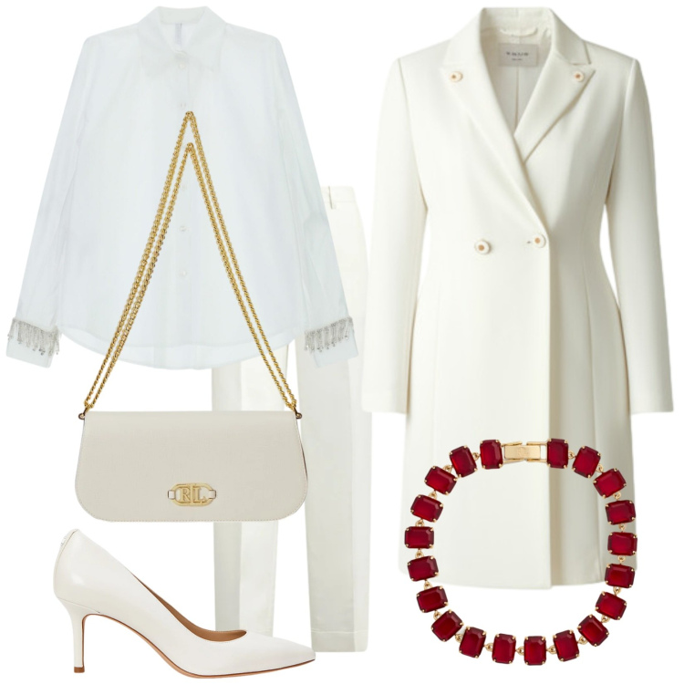 Outfit donna - Magico inverno. Stile Chic per Serata fuori. Abbinamento con cappotti, camicie, décolleté, braccialetti, pantaloni, borse a spalla.