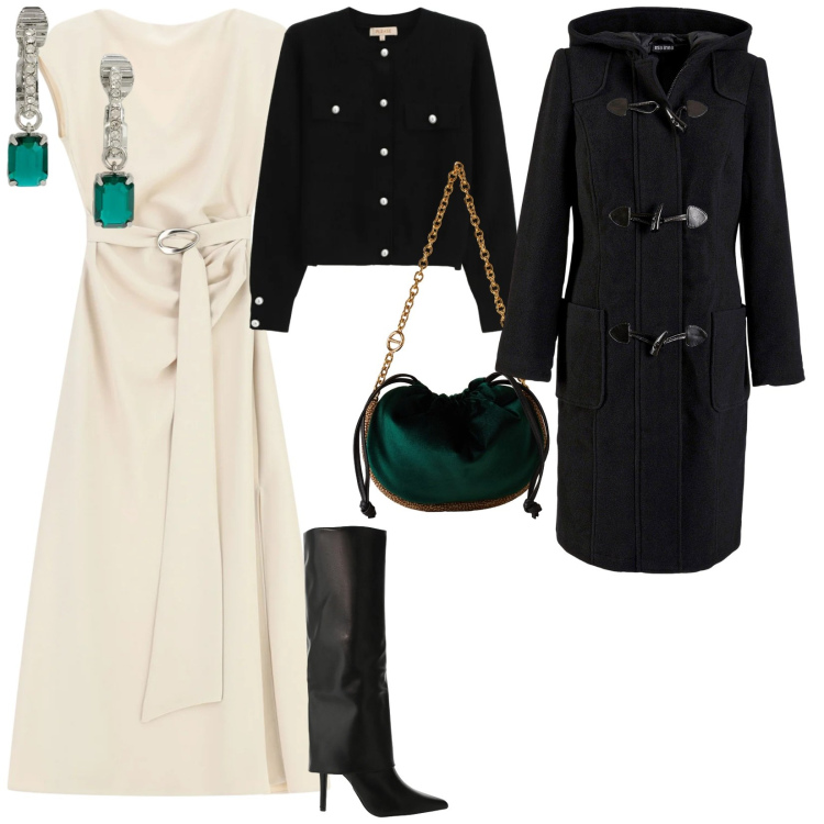 Outfit donna - Il punto vita. per Ufficio. Abbinamento con montgomery, cardigans, vestiti lunghi, stivali, borse a spalla, orecchini.