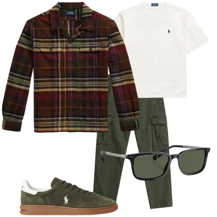 Outfit uomo - La camicia in flanella. Stile Trendy per Tutti i giorni. Abbinamento con pantaloni cargo, occhiali da sole, sneakers, giacche, t-shirt.
