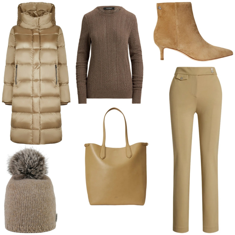Outfit donna - Quando fa freddo. Stile Chic per Tutti i giorni. Abbinamento con stivaletti, pantaloni, maglieria, borse tote, berretti, cappotti.
