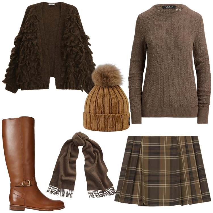 Outfit donna - Come mi vesto in inverno. Stile Trendy per Ufficio. Abbinamento con cardigans, minigonne, sciarpe, stivali, maglieria, berretti.