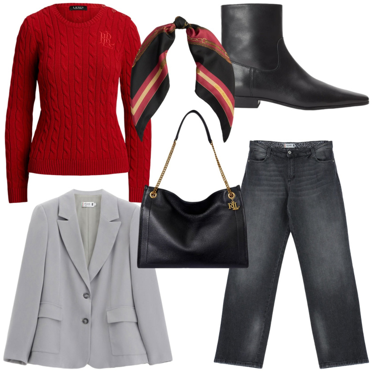 Outfit donna - Perfetta in rosso per Dicembre. Stile Casual chic per Tutti i giorni. Abbinamento con blazer, jeans, borse tote, stivaletti, maglieria, foulard.