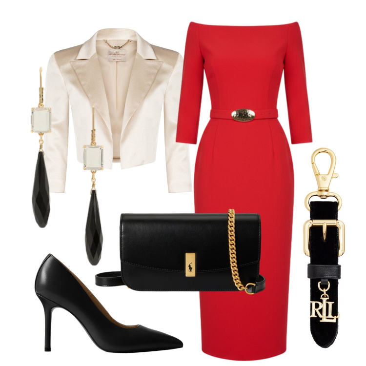 Outfit donna - Total look #2305237. Stile Chic per Serata fuori. Abbinamento con bolero, vestiti midi/longuette, décolleté, portachiavi, clutch, orecchini.