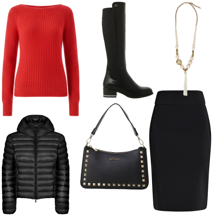 Outfit donna - Super chic sotto l\' albero. Stile Chic per Tutti i giorni. Abbinamento con gonne, pullovers, pochette, stivali sopra il ginocchio, blazer, ciondoli.