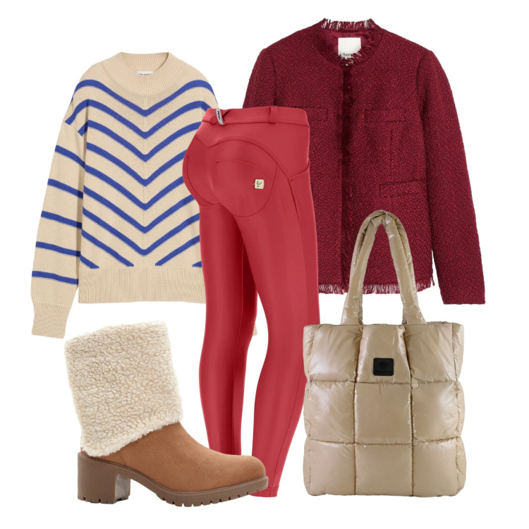 Outfit donna - Total look #2305242. Stile Urban per Scuola/Università. Abbinamento con maglieria, stivaletti, cappotti, pantaloni skinny, shopping bag.