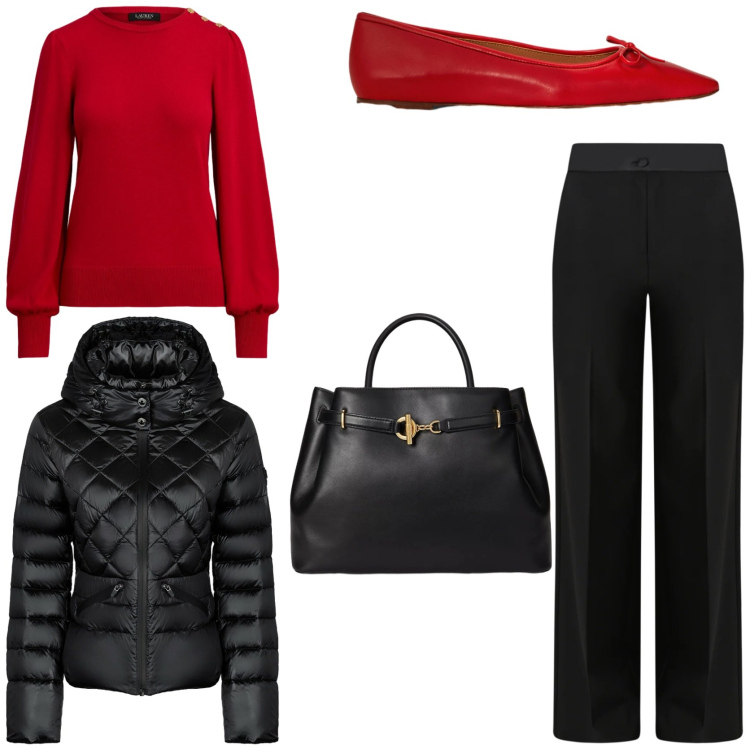 Outfit donna - Natale bon ton. Stile Bon Ton per Tutti i giorni. Abbinamento con pantaloni a palazzo, ballerine, borse a mano, maglieria, piumini.