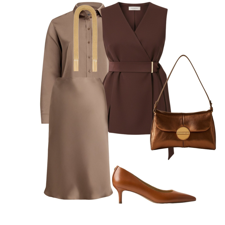 Outfit donna - Il potere del punto vita. per Ufficio. Abbinamento con gilet, borse a tracolla, camicie, gonne, décolleté, collane.