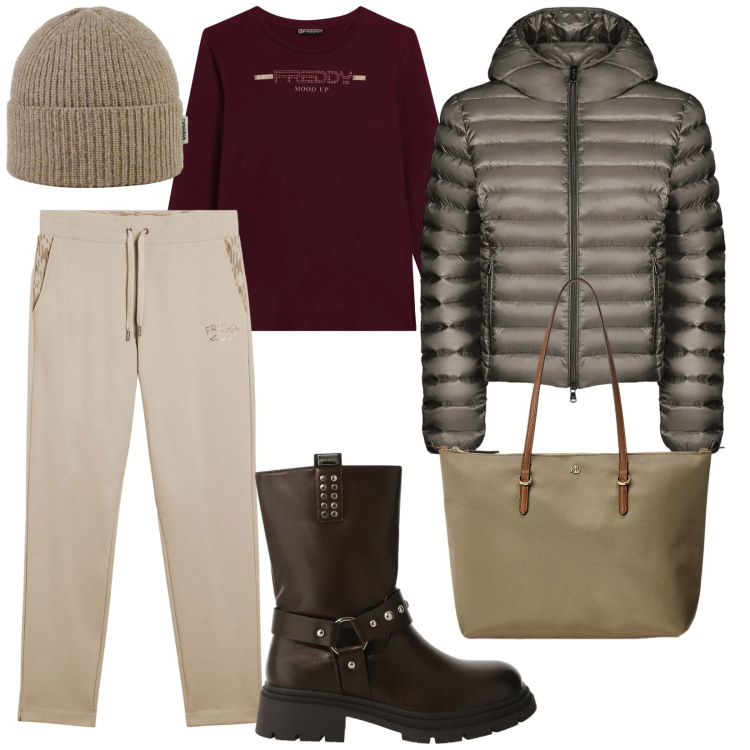 Outfit donna - Semplicità. per Tutti i giorni. Abbinamento con stivali, pantaloni, t-shirt, borse tote, bomber, berretti.