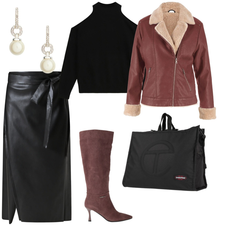 Outfit donna - A lavoro. per Ufficio. Abbinamento con bomber, zaini, stivali, gonne longuette, maglieria, orecchini.