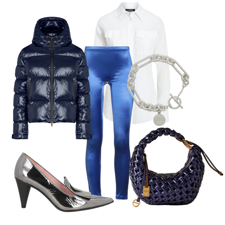 Outfit donna - Total look #2305255. Stile Glamour per Serata fuori. Abbinamento con leggings, mocassini, borse a mano, braccialetti, camicie, piumini.