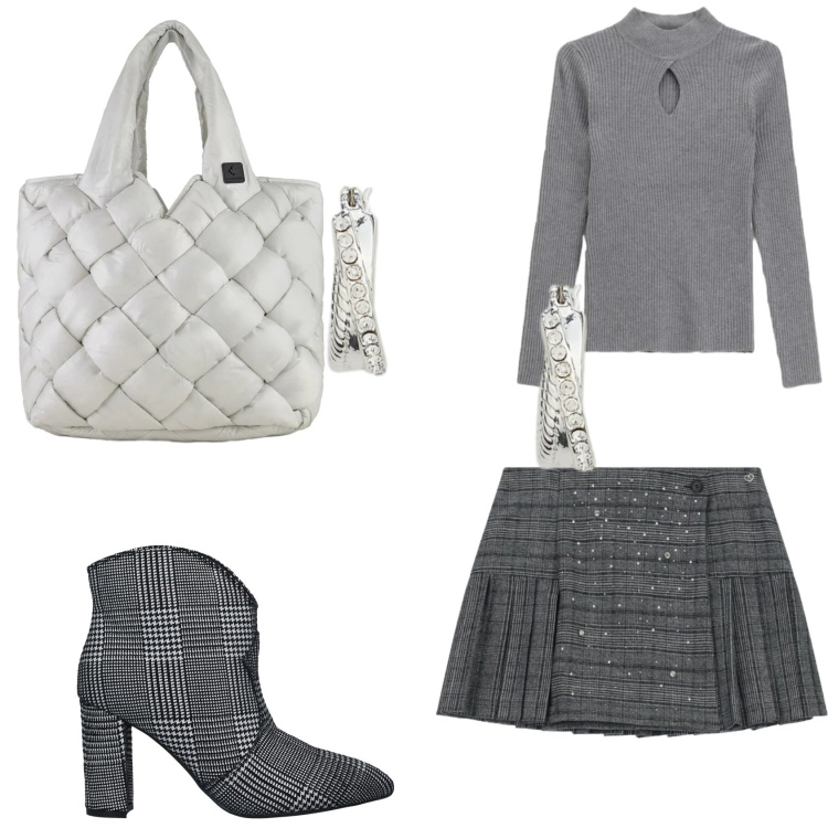 Outfit donna - Grey mood. Stile Chic per Tutti i giorni. Abbinamento con stivaletti, minigonne, maglieria, orecchini, borse tote.