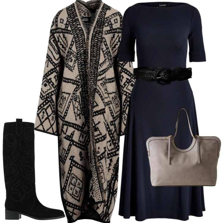 Outfit donna - Il potere del punto vita. Stile Glamour per Tutti i giorni. Abbinamento con stivali, cardigans, shopping bag, cinture, vestiti.