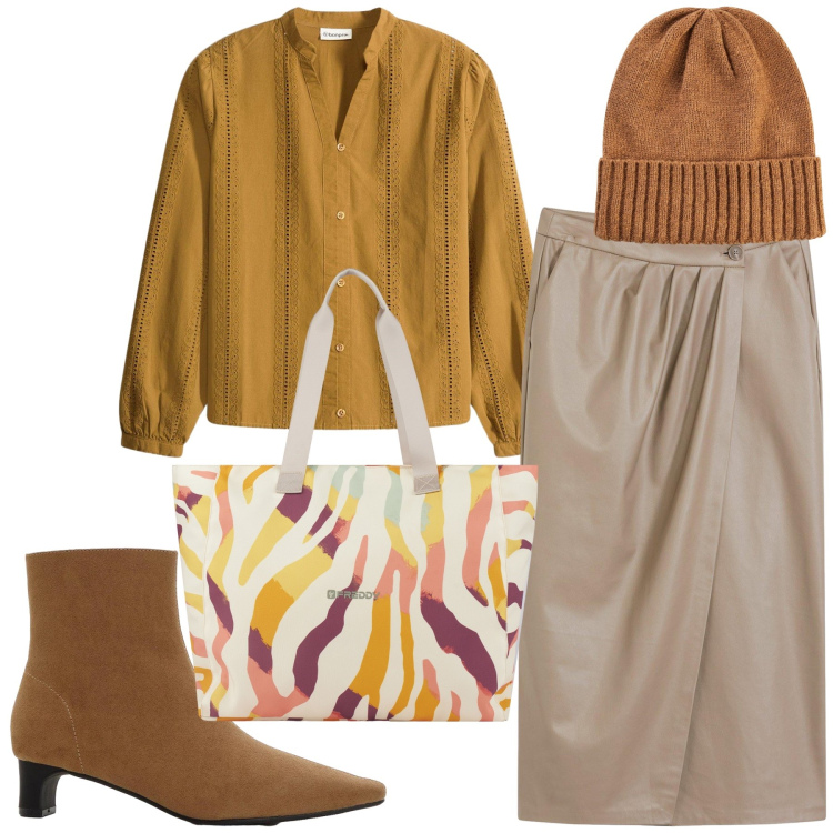 Outfit donna - Tobacco. Stile Trendy per Ufficio. Abbinamento con gonne longuette, berretti, bluse, stivaletti, shopping bag.