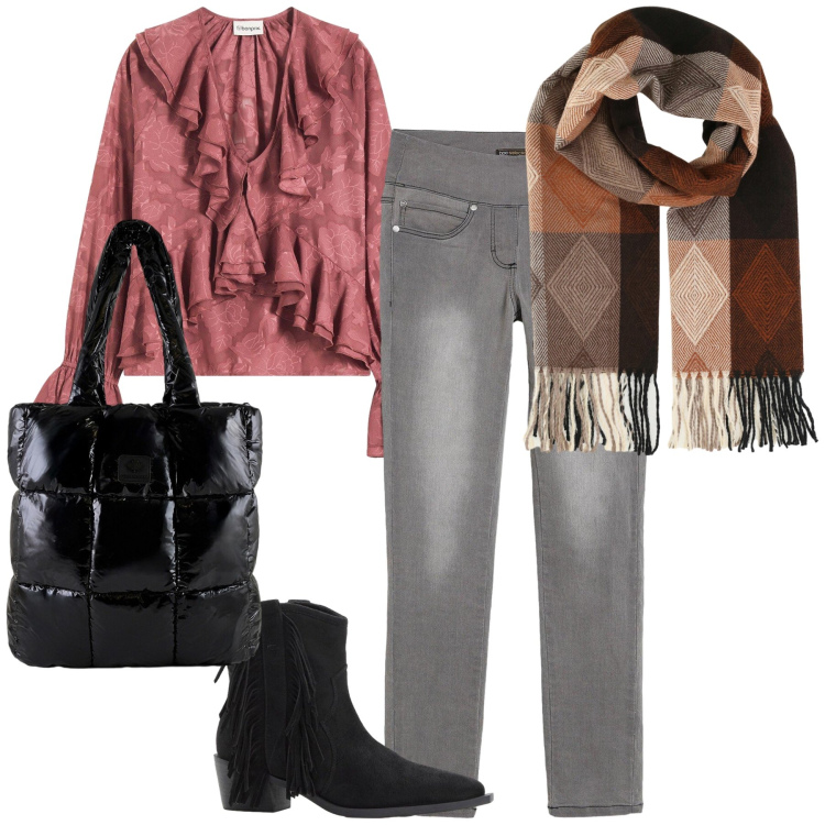 Outfit donna - Inaspettata blusa vittoriana. Stile Trendy per Tutti i giorni. Abbinamento con jeans dritti, bluse, stivaletti texani, sciarpe, shopping bag.