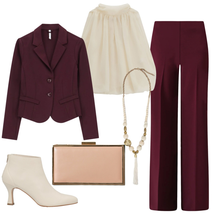 Outfit donna - Ribes e panna: la coppia perfetta. Stile Chic per Cerimonia. Abbinamento con stivaletti, pochette, pantaloni a palazzo, bluse, blazer, ciondoli.