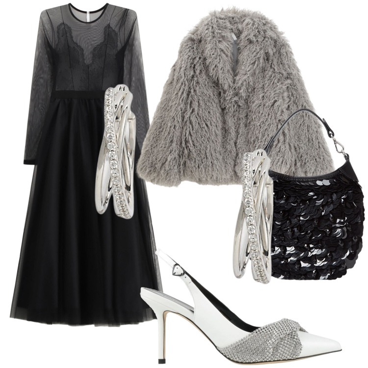 Outfit donna - Principessa. Stile Glamour per Serata fuori. Abbinamento con décolleté, vestiti midi/longuette, ecopellicce, orecchini, pochette.