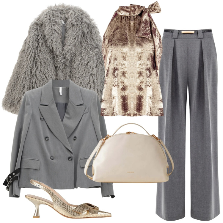 Outfit donna - L\'oro che illumina il grigio. Stile Glamour per Serata fuori. Abbinamento con décolleté, top, pantaloni a palazzo, blazer, ecopellicce, borse a mano.