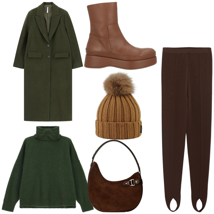 Outfit donna - Una fredda giornata. Stile Urban per Tutti i giorni. Abbinamento con leggings, stivaletti, maglieria, cappotti, borse a spalla, berretti.