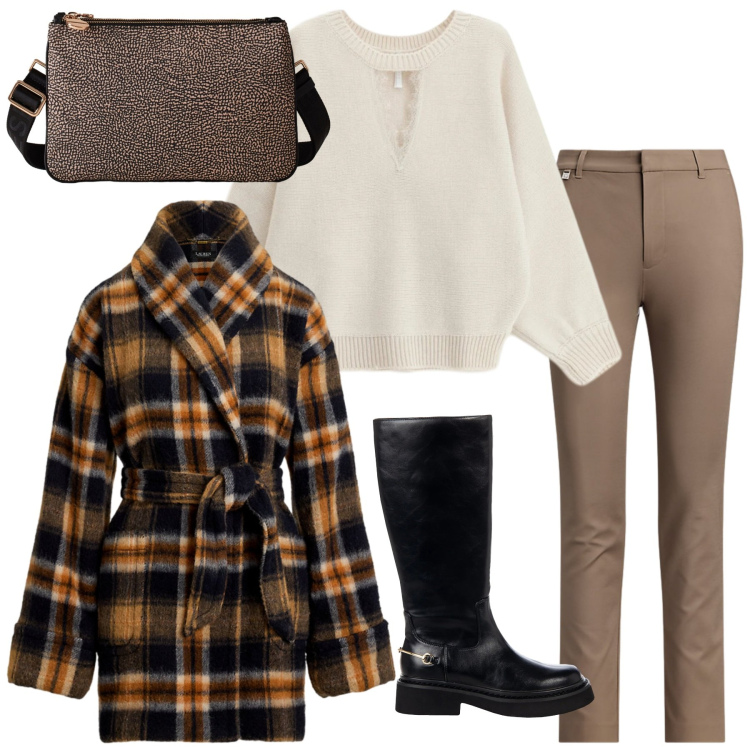 Outfit donna - Total look #2305276. Stile Trendy per Tutti i giorni. Abbinamento con stivali sopra il ginocchio, maglieria, borse a tracolla, cappotti, pantaloni.