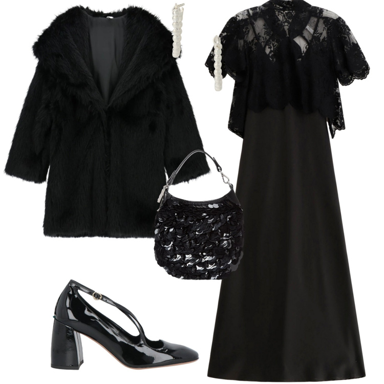 Outfit donna - Bon ton serata evento glamour. Stile Glamour per Serata fuori. Abbinamento con décolleté, vestiti lunghi, cappotti, orecchini, pochette.