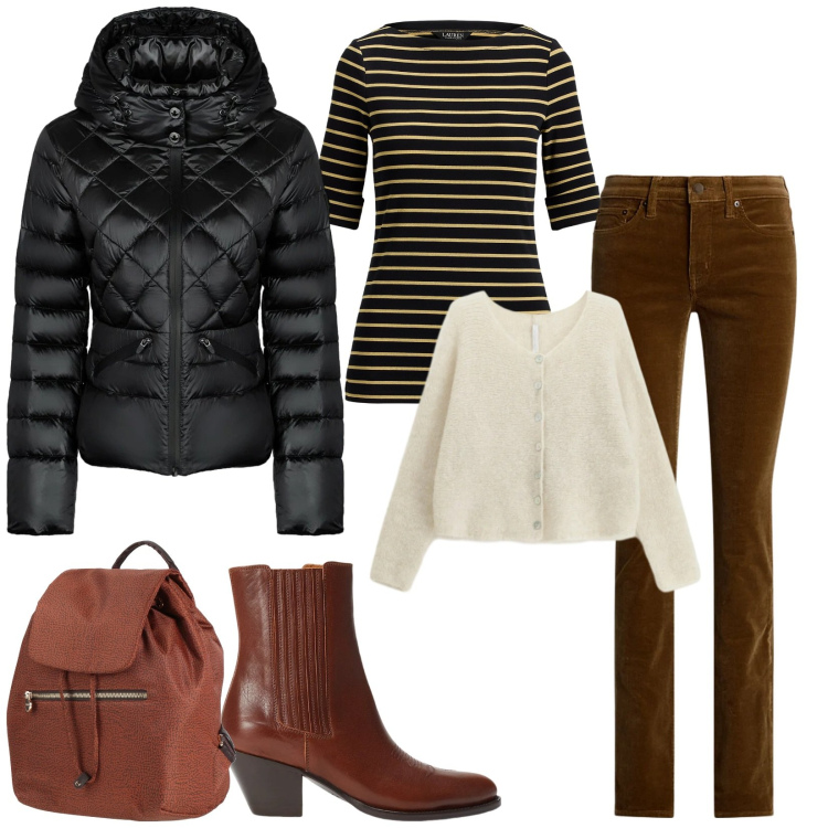 Outfit donna - Total look #2305281. Stile Casual chic per Tutti i giorni. Abbinamento con zaini, cardigans, pantaloni, stivaletti texani, t-shirt, piumini.