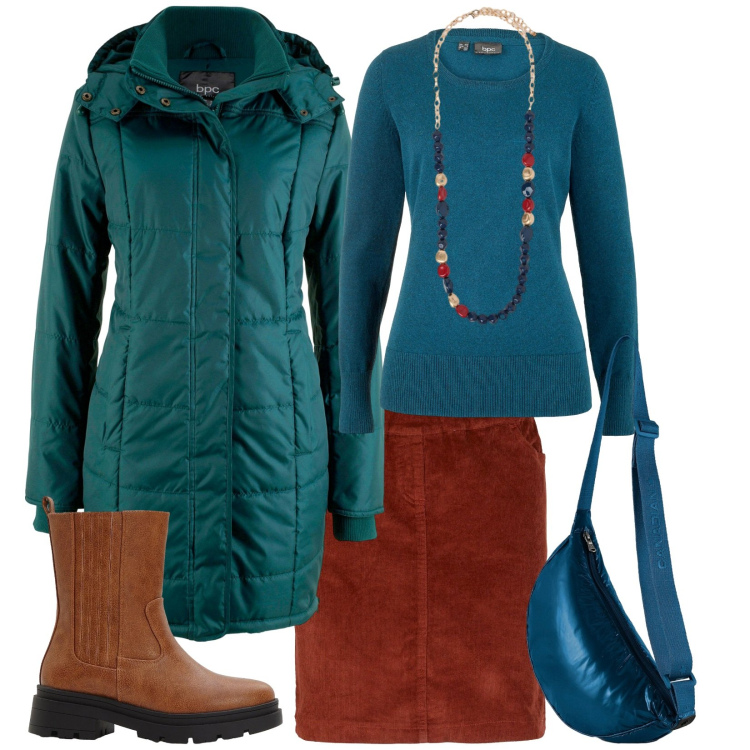 Outfit donna - Total look #2305283. Stile Casual chic per Tutti i giorni. Abbinamento con maglieria, giacche, gonne, stivaletti chelsea, borse a tracolla, collane.