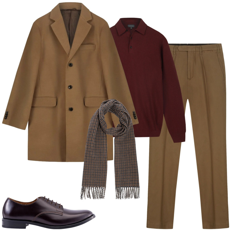Outfit uomo - In città. Stile Business/Elegante per Tutti i giorni. Abbinamento con scarpe stringate, pantaloni, sciarpe, cappotti, maglieria.