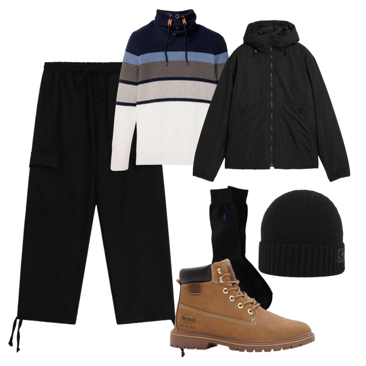 Outfit uomo - Look outdoor. Stile Urban per Tutti i giorni. Abbinamento con maglieria, stivali e stivaletti, giacche, pantaloni cargo, calzini, berretti.