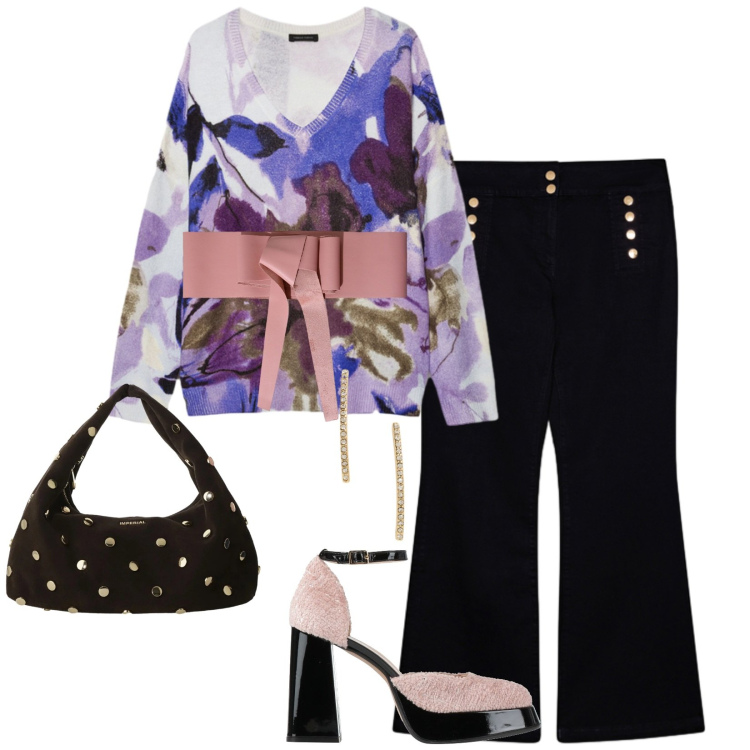 Outfit donna - Bella per le feste. Stile Bon Ton per Serata fuori. Abbinamento con décolleté, cinture, borse a spalla, orecchini, jeans, maglieria.