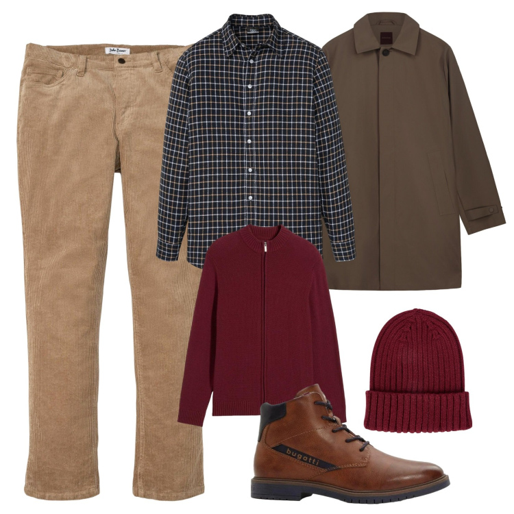 Outfit uomo - Camicia in flanella. Stile Casual per Tutti i giorni. Abbinamento con camicie, pantaloni, anfibi, cardigans, berretti, trench.