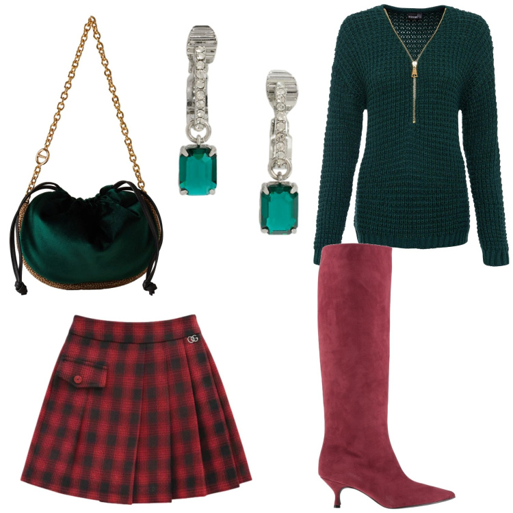 Outfit donna - Natale in verde e rosso. Stile Glamour per Serata fuori. Abbinamento con maglieria, stivali, minigonne, borse a spalla, orecchini.