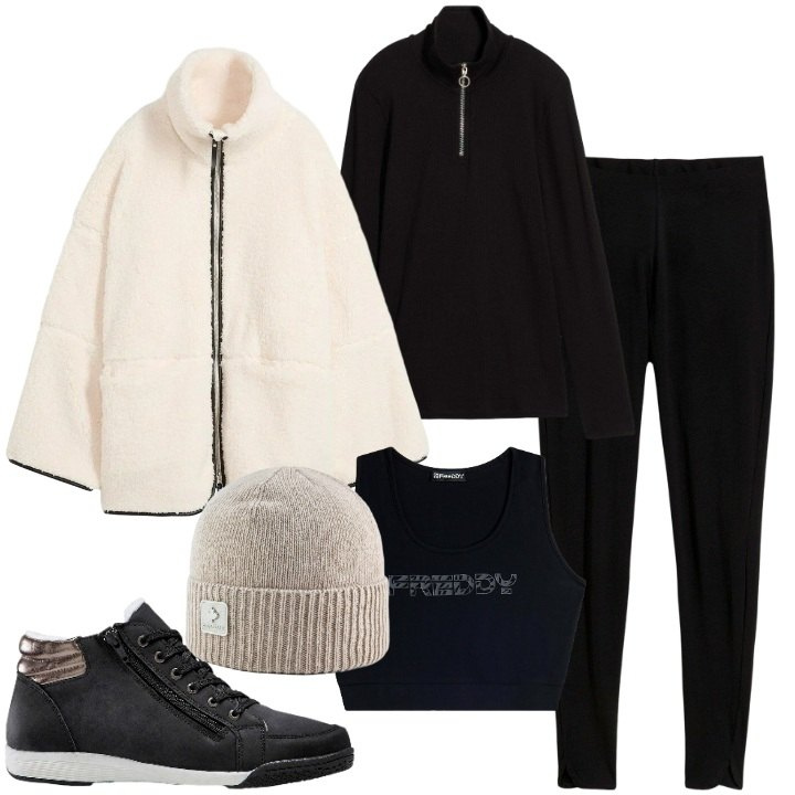Outfit donna - passeggiata. Stile Sporty chic per Sport. Abbinamento con leggings, sneakers alte, blazer, maglieria, reggiseni, berretti.