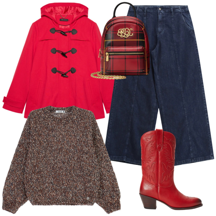 Outfit donna - Rosso protagonista. Stile Casual chic per Tutti i giorni. Abbinamento con maglieria, jeans, stivali, borse a tracolla, blazer.