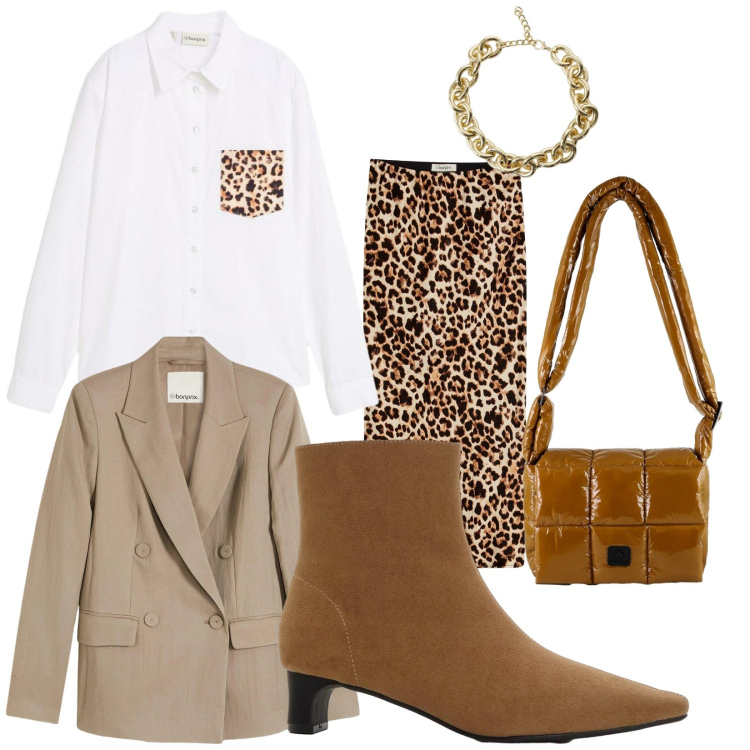 Outfit donna - Total look #2305296. Stile Glamour per Serata fuori. Abbinamento con camicie, blazer, gonne longuette, stivaletti, collane, borse a spalla.