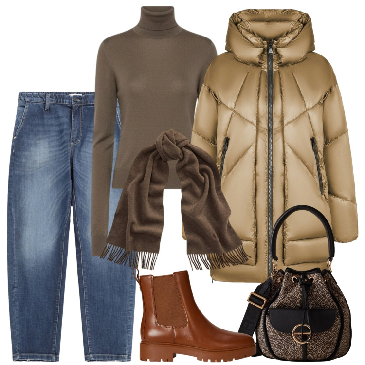 Outfit donna - Dolce cioccolata a dicembre. Stile Casual per Tutti i giorni. Abbinamento con jeans, borse a secchiello, sciarpe, stivaletti chelsea, piumini, maglieria.