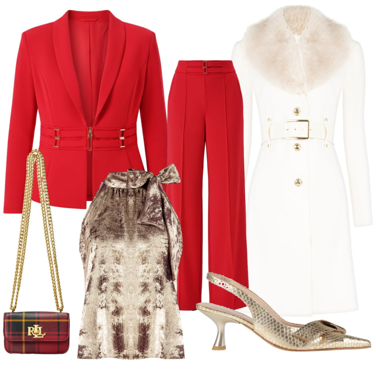 Outfit donna - Per Natale. Stile Chic per Serata fuori. Abbinamento con décolleté, top, cappotti, blazer, pantaloni a palazzo, pochette.