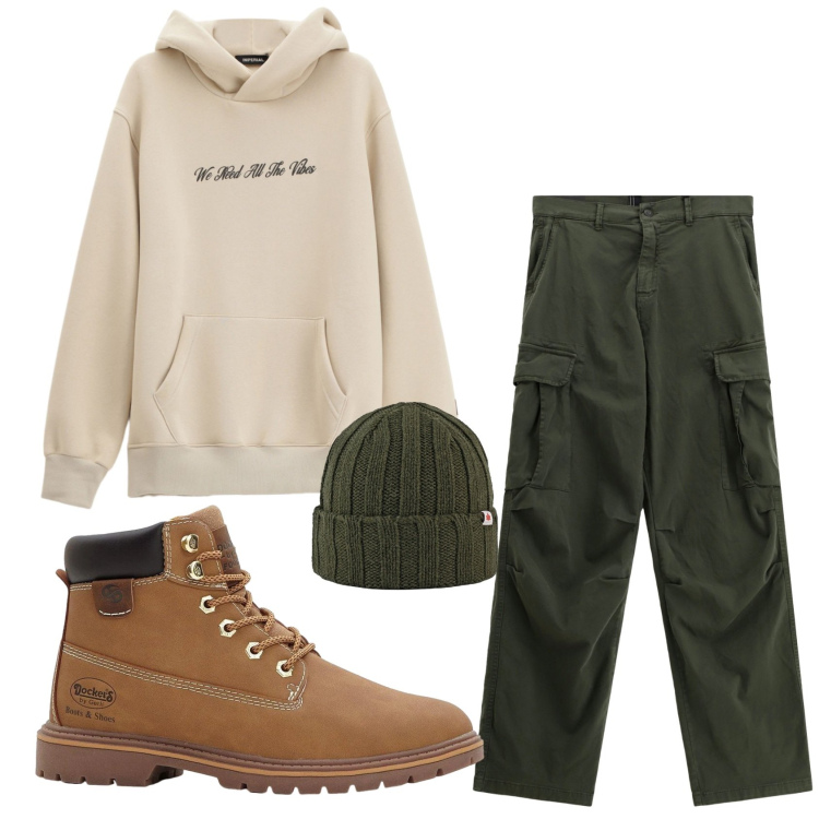 Outfit uomo - Total look #2305304. Stile Casual per Tutti i giorni. Abbinamento con stivali e stivaletti, felpe con cappuccio, pantaloni cargo, cappelli.