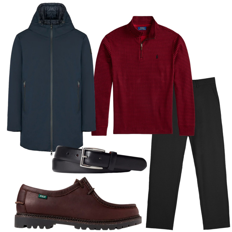 Outfit uomo - Total look #2305306. Stile Casual per Tutti i giorni. Abbinamento con cinture, scarpe stringate, pullovers, pantaloni chino, parka.
