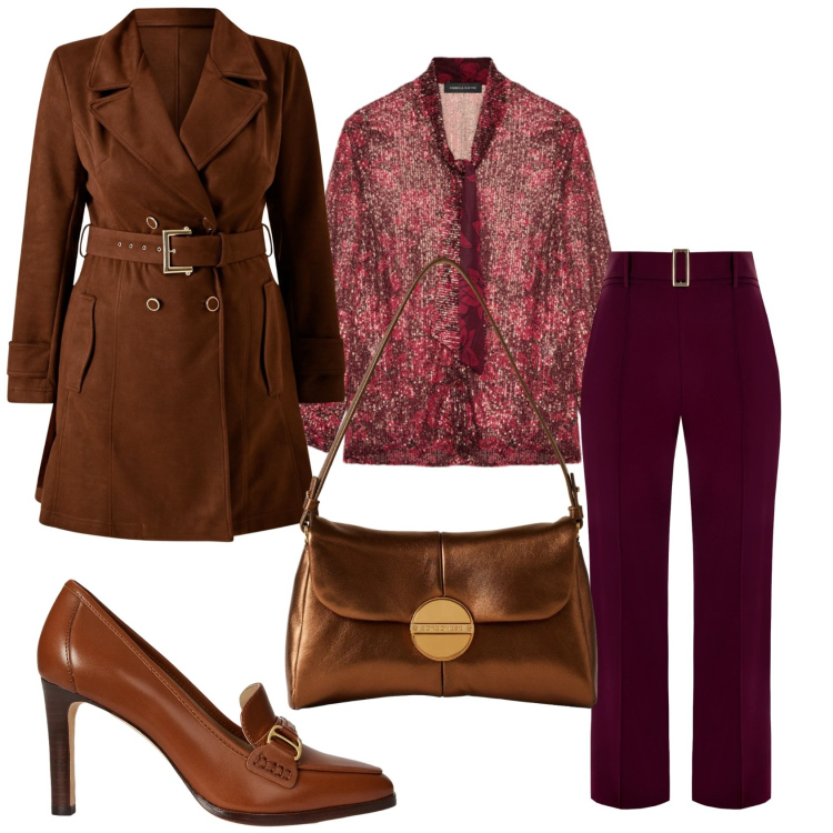Outfit donna - Total look #2305307. Stile Glamour per Serata fuori. Abbinamento con pantaloni, trench, borse a tracolla, décolleté, camicie.