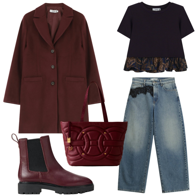 Outfit donna - Total look #2305309. Stile Casual per Tutti i giorni. Abbinamento con jeans, t-shirt, cappotti, shopping bag, stivaletti chelsea.