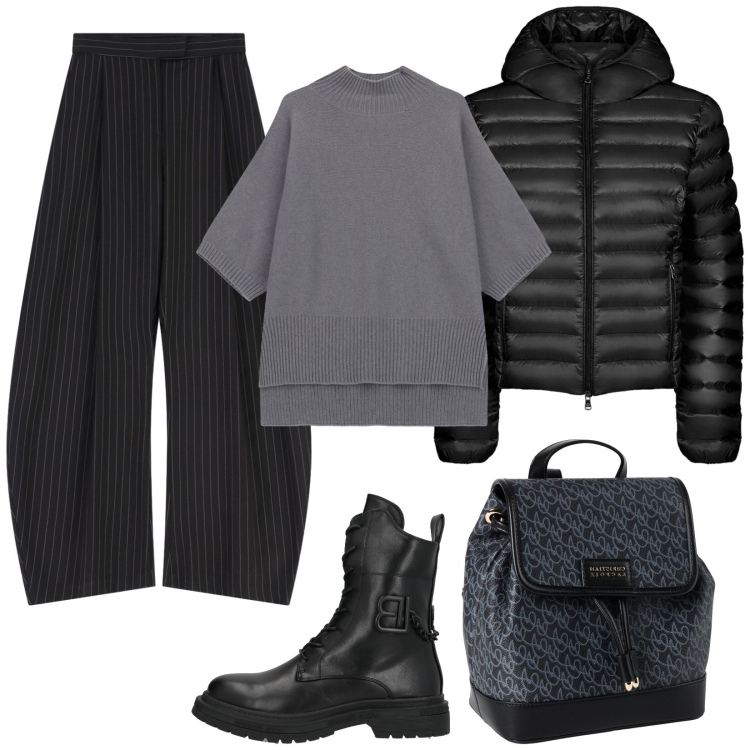 Outfit donna - Pantaloni a righe. Stile Trendy per Tutti i giorni. Abbinamento con zaini, anfibi, pantaloni a palazzo, maglieria, blazer.