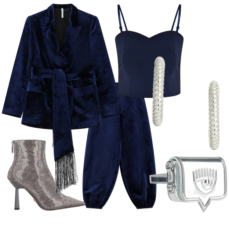 Outfit donna - Christmas night. Stile Chic per Serata fuori. Abbinamento con stivaletti, marsupi, top, blazer, pantaloni a palazzo, orecchini.