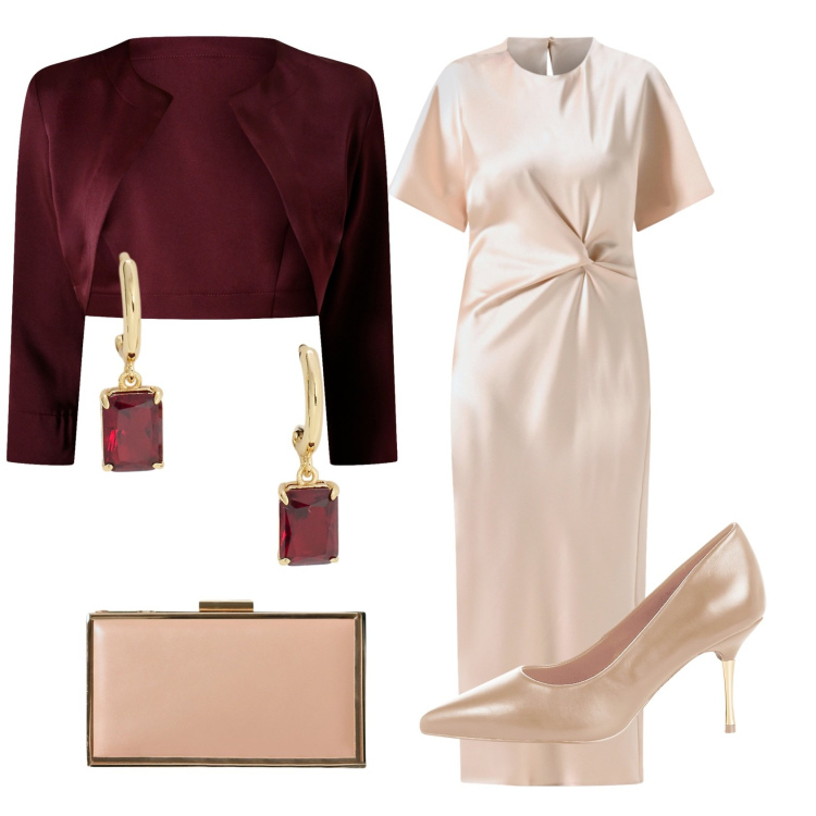 Outfit donna - Gala. Stile Chic per Serata fuori. Abbinamento con décolleté, pochette, bolero, vestiti midi/longuette, orecchini.