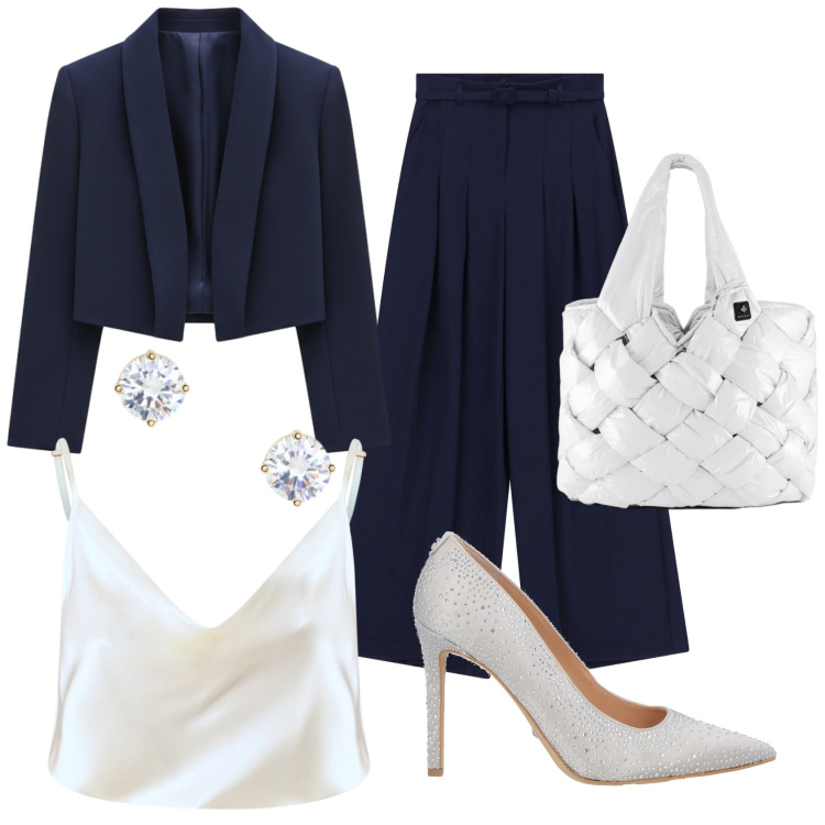 Outfit donna - Festa aziendale. Stile Chic per Ufficio. Abbinamento con décolleté, canottiere, bolero, pantaloni a palazzo, orecchini, borse tote.